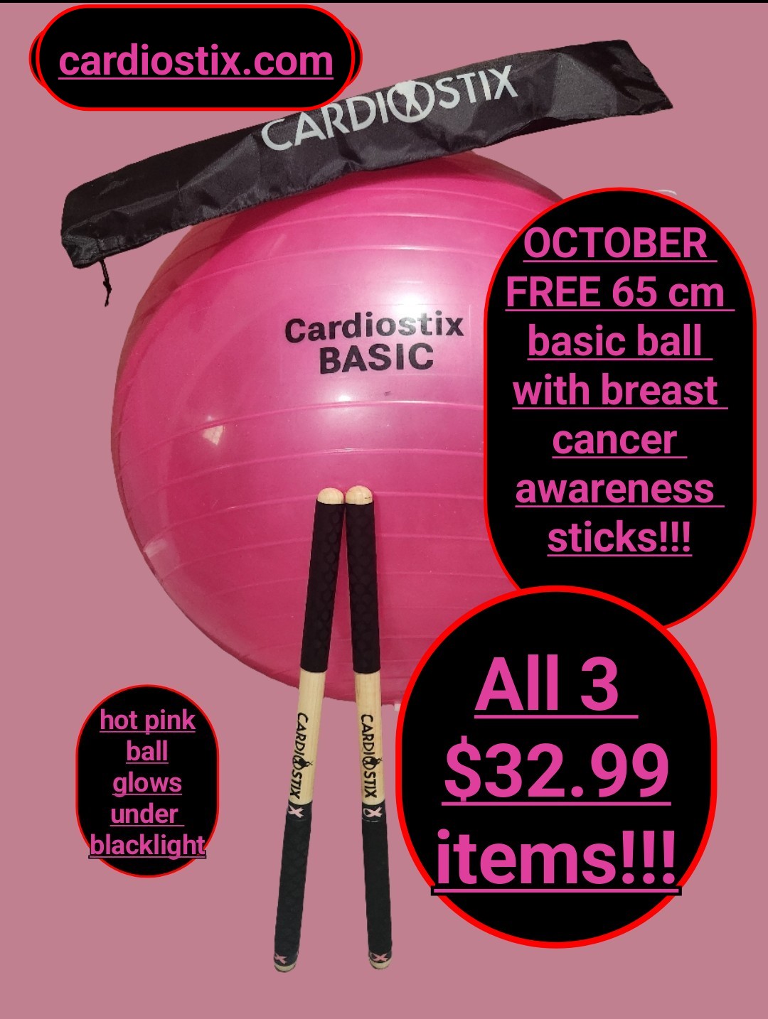 BREAST CANCER STICKS W/FREE HOT PINK BALL &amp; BAG ENDS 10/31/25-we choose bag color.